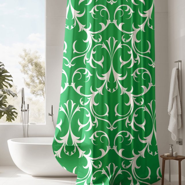 Rideaux De Douche Classique Kelly Green & White Damask Floral (Créateur téléchargé)