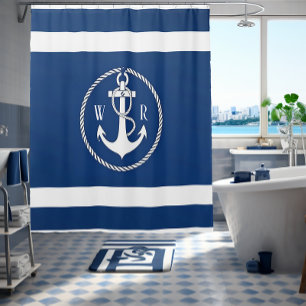 Rideaux De Douche Classique Monogrammé Marin Bleu Marine et Blanc