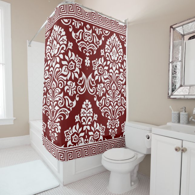 Rideaux De Douche Clé grecque damassée florale rouge profond stylée (En situation)