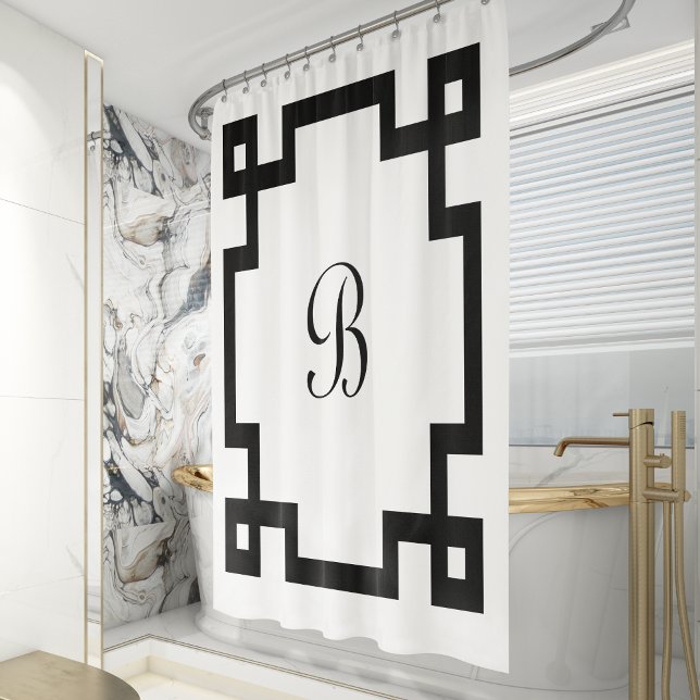 Rideaux De Douche Clé grecque en monogramme noir et blanc (Créateur téléchargé)