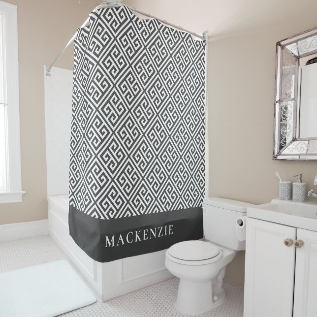 Rideaux De Douche Clé grecque grise charbon et blanche Monogramme de (En situation)