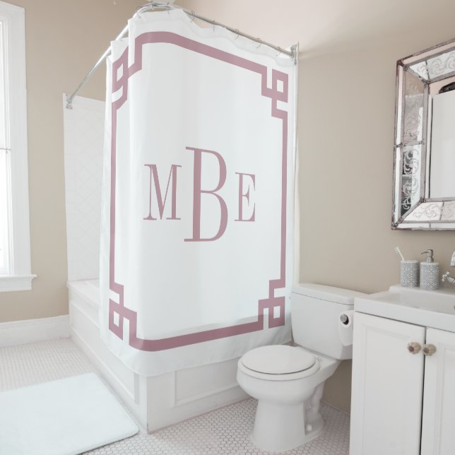 Rideaux De Douche Clé grecque mauve et blanc | Monogramme (En situation)