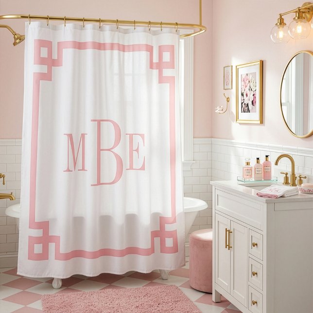 Rideaux De Douche Clé grecque rose et blanc | Monogrammé (Créateur téléchargé)