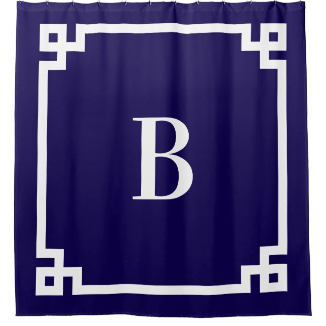 Rideaux De Douche Clé grecque simple monogramme bleu foncé et blanc (Devant)