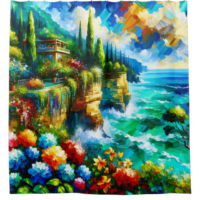 Rideaux De Douche "Cliffside côtière aux fleurs vibrantes" (Devant)