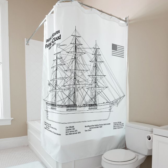 Rideaux De Douche Clipper Flying Cloud - Plan du navire BD (Clipper Ship Flying Cloud - Ship Blueprint BD. Shower Curtain)