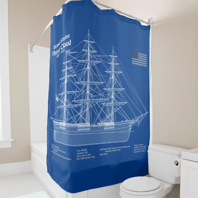 Rideaux De Douche Cloud de vol de navire Clipper - Plan ABD (Clipper Ship Flying Cloud - Blueprint ABD. Shower Curtain)