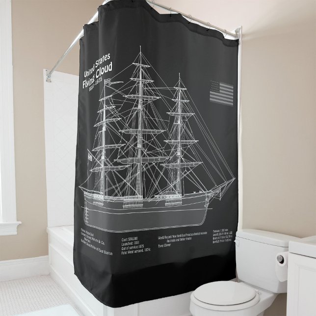 Rideaux De Douche Cloud de vol de navire Clipper - Plan directeur (Clipper Ship Flying Cloud - Blueprint PD. Shower Curtain)