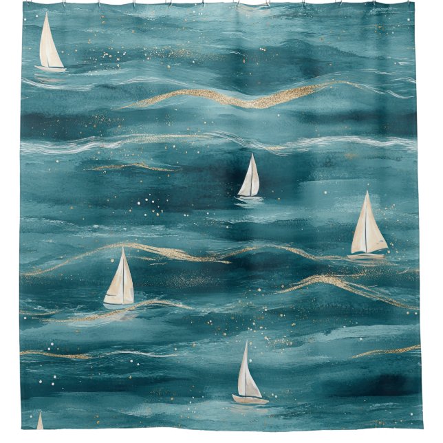 Rideaux De Douche Coastal Sailboat Waves Nautical Pattern (3) (Devant)