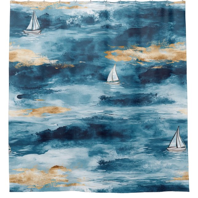 Rideaux De Douche Coastal Sailboat Waves Nautical Pattern (4) (Devant)
