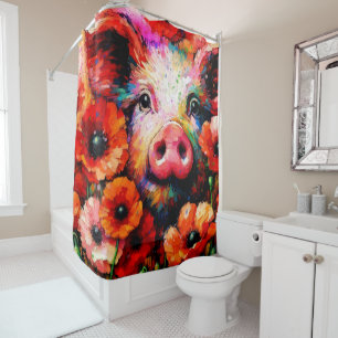 Rideaux De Douche Cochon impressionniste dans les fleurs de coquelic