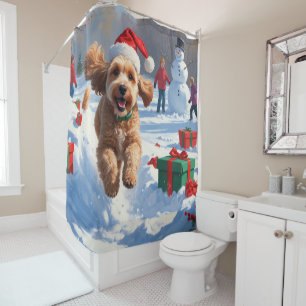 Rideaux De Douche Cockapoo courant dans la neige avec un chapeau de