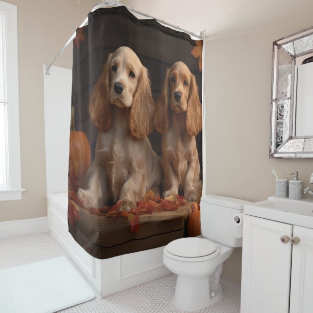 Rideaux De Douche Cocker Spaniel chiot Automne Délice Citrouille  (En situation)