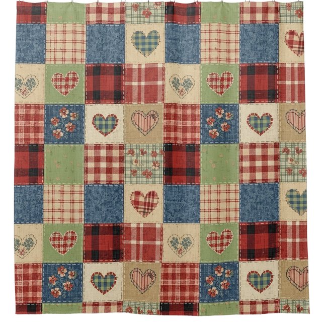 Rideaux De Douche Cœur de patchwork de quilt de campagne Rouge Bleu (Devant)