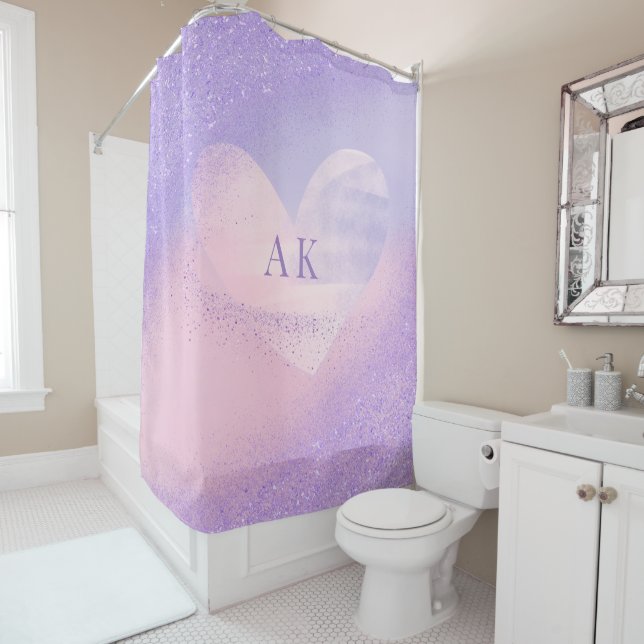 Rideaux De Douche Cœur dégradé violet rose Monogramme  (En situation)