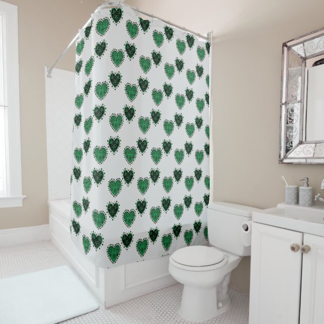 Rideaux De Douche Coeurs à fleurs vertes (En situation)