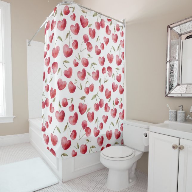 Rideaux De Douche Cœurs de Cerise Rouge (En situation)