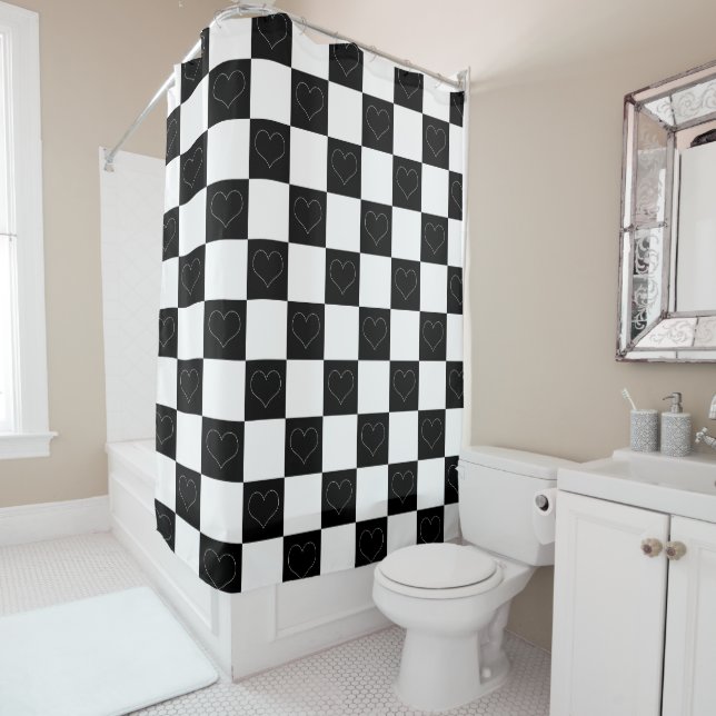 Rideaux De Douche Coeurs de tableau de bord en noir et blanc (En situation)