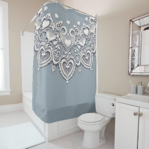 Rideaux De Douche Cœurs en dentelle blanche Charme romantique Bleu é