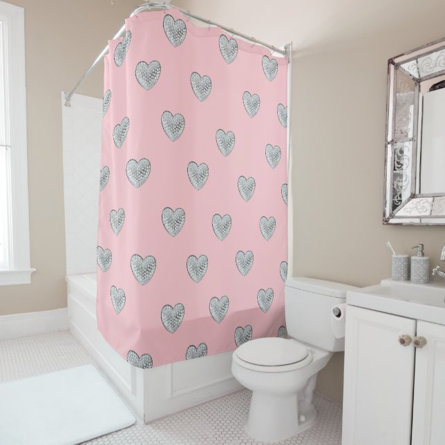 Rideaux De Douche Coeurs étincelants bg rose (En situation)