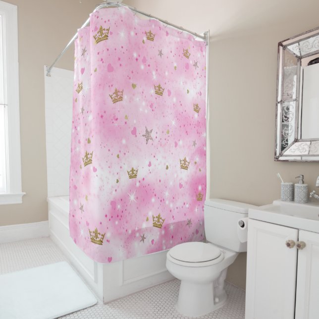 Rideaux De Douche Cœurs Étoiles Couronnes de Princesse Rose Paillett (En situation)