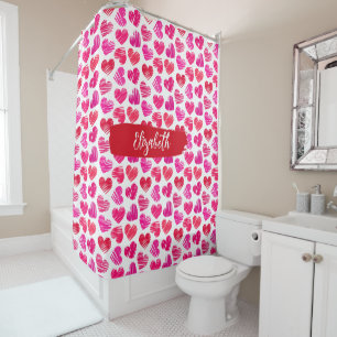 Rideaux De Douche Coeurs griffés rouges et roses modernes Valentine