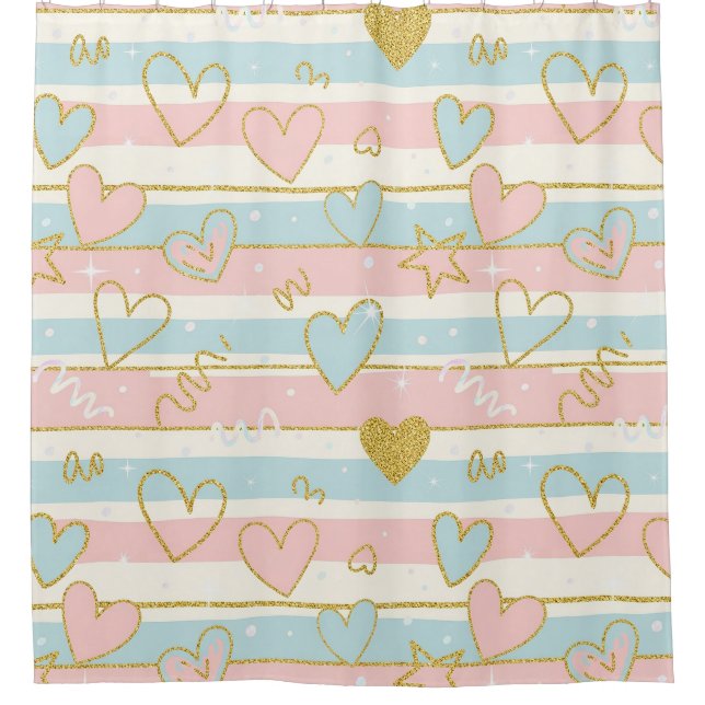 Rideaux De Douche Cœurs pastel élégants avec accents de rayure dorée (Devant)