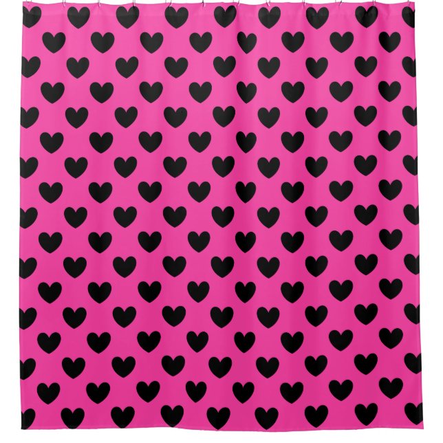 Rideaux De Douche Coeurs polka noirs sur rose fuchsia (Devant)
