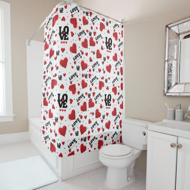 Rideaux De Douche Cœurs Rouges Motif Saint-Valentin (En situation)