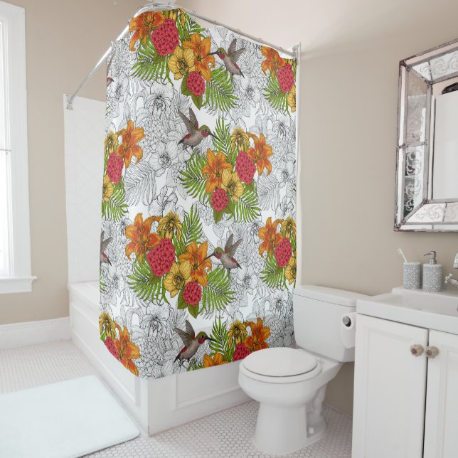 Rideaux De Douche Colibris et bouquet tropical (En situation)