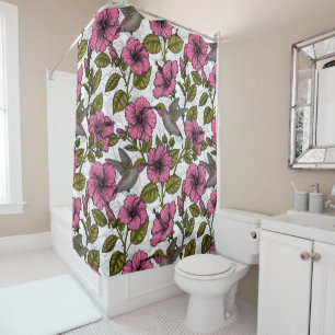 Rideaux De Douche Colibris et fleurs d'hibiscus roses