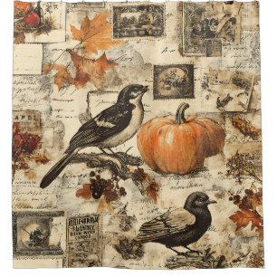 Rideaux De Douche Collage Ephémère d'automne vintage   Oiseaux rusti