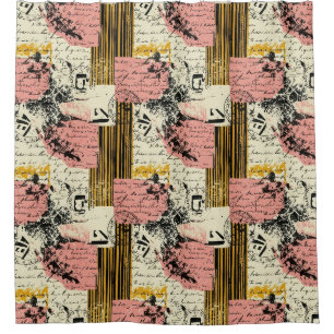 Rideaux De Douche Collage Grunge Vintage Magenta Moutarde Noir Crème
