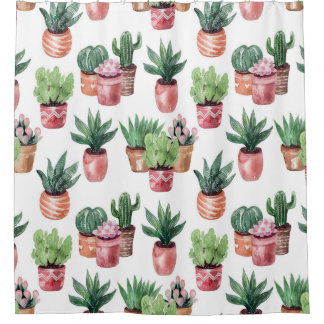 Rideaux De Douche Collection de cactus dans des pots, aquarelle.