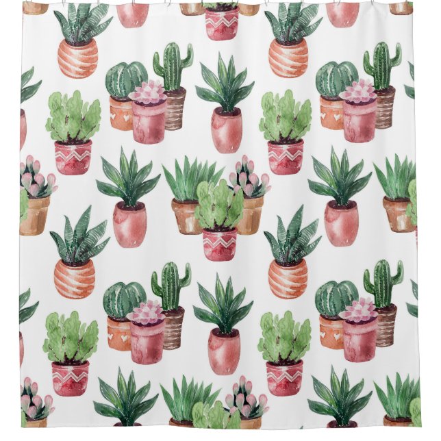 Rideaux De Douche Collection de cactus dans des pots, aquarelle. (Devant)