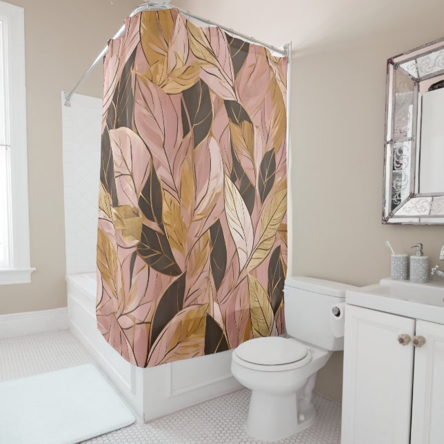 Rideaux De Douche Collection de Feuilles de Boho Rouge Rose Populair (En situation)