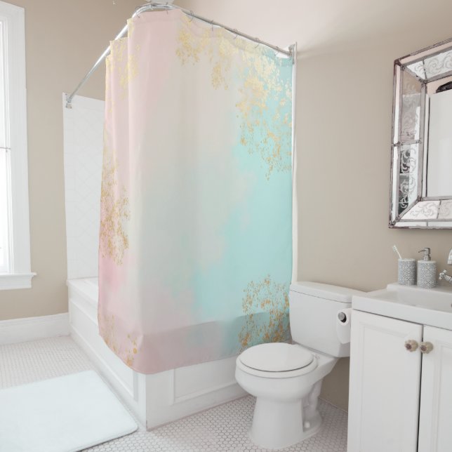 Rideaux De Douche Collection Luxe Moderne Rose Pâle Menthe Douce Or (En situation)