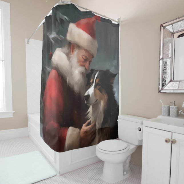 Rideaux De Douche Collie frontalier avec Noël Festif du Père Noël (En situation)