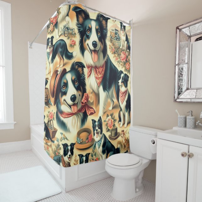Rideaux De Douche Collie frontière mignonne sans joint (En situation)