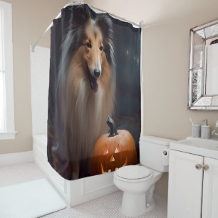 Rideaux De Douche Collie Rough Halloween avec citrouilles effrayant