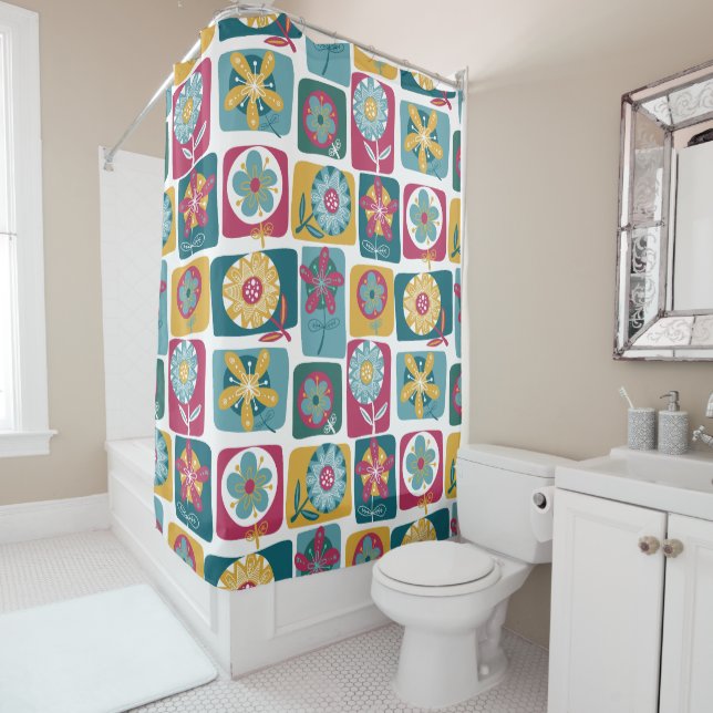 Rideaux De Douche Colorful Retro Floral Pattern  (En situation)