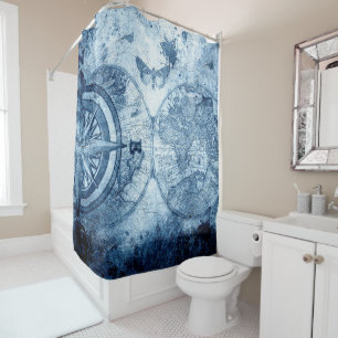 Rideaux De Douche Compas vintage Bleu Grunge carte marine