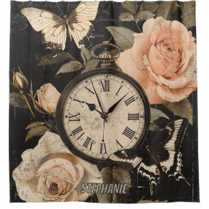 Rideaux De Douche Compas vintage et papillon - Papier rustique (5)