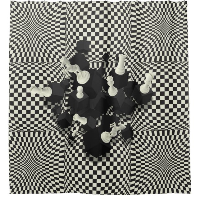 Rideaux De Douche Composition en pièces d'échecs d'échiquier et 3D (Devant)