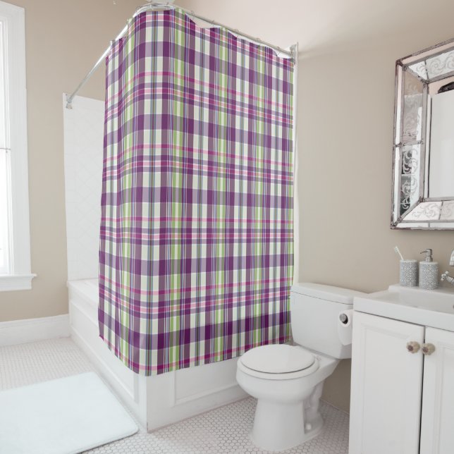 Rideaux De Douche Conception à carreaux rose vert violet élégante (En situation)