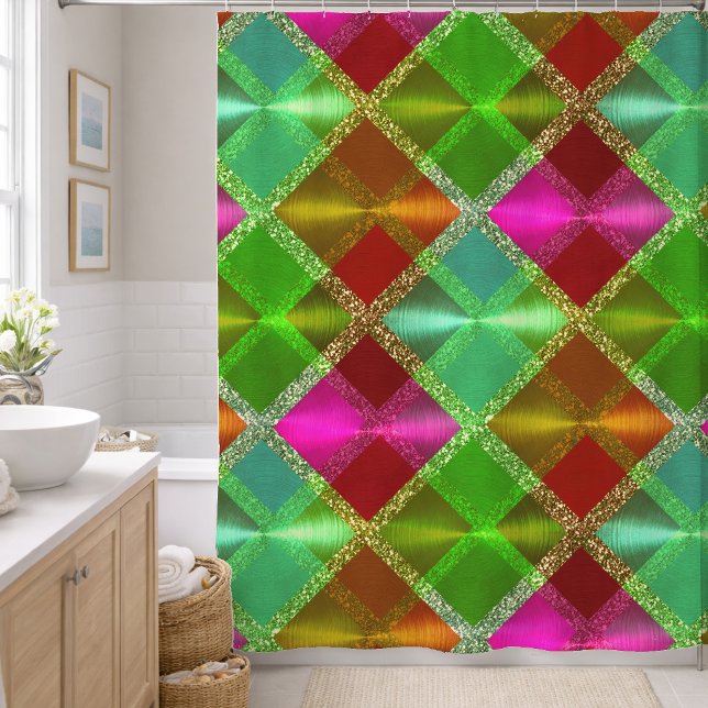 Rideaux De Douche Conception carreaux à paillettes rose vert orange (Créateur téléchargé)