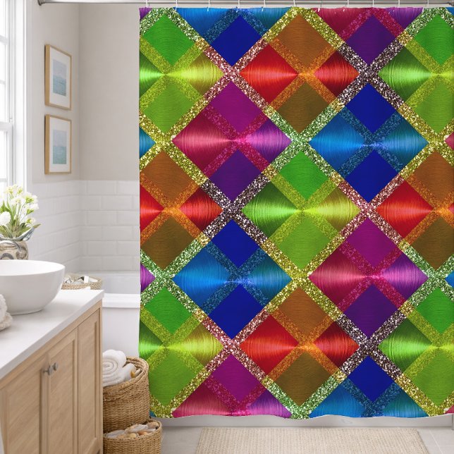 Rideaux De Douche Conception carreaux pailletés bleu rouge vert (Créateur téléchargé)