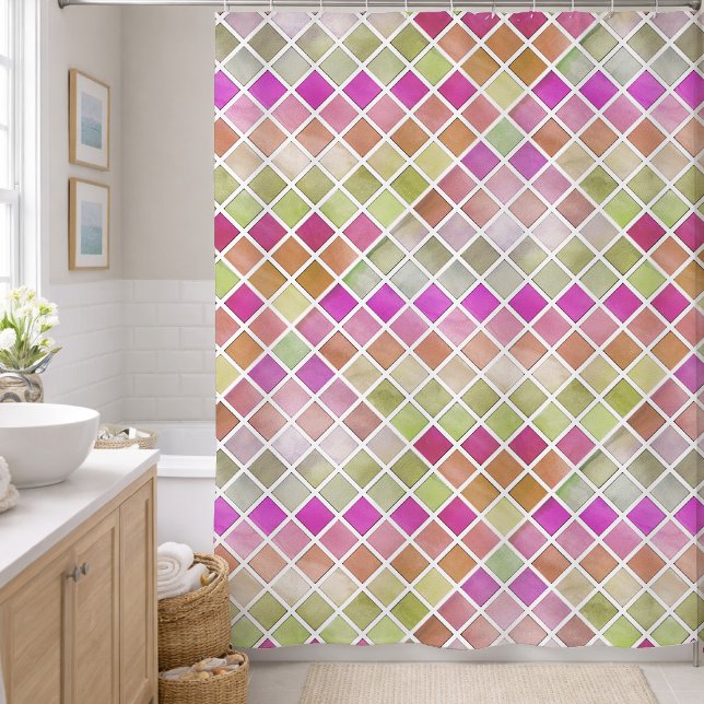 Rideaux De Douche Conception de mosaïque rose vert orange (Créateur téléchargé)