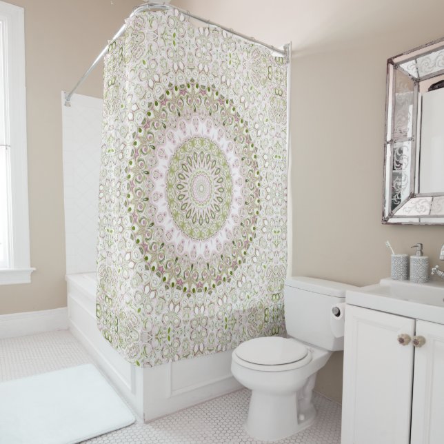 Rideaux De Douche Conception de motif de mandala floral rose et vert (En situation)