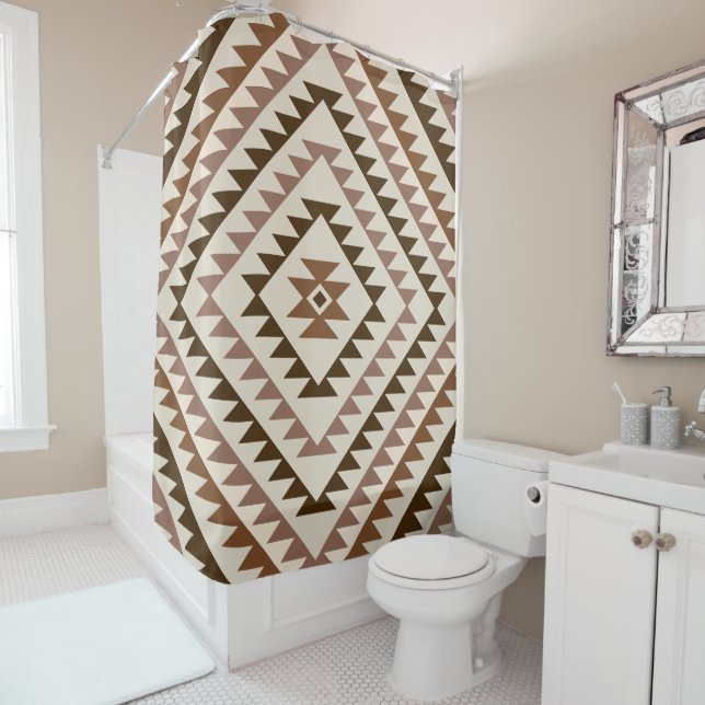 Rideaux De Douche Conception de motif diamant aztéque marron+crème (En situation)